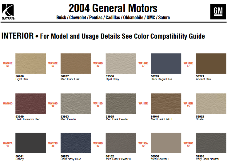 Interior Color & Code Paint Chart