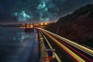 nebula, Lake, Space, Stars, Evening, Water, City, Photo manipulation, Reflection, Long exposure