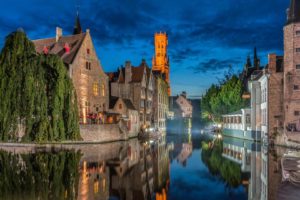 architecture, Building, Bruges, Belgium, Town, Old building, House, Tower, Ancient, Water, Trees, Night, Reflection, Clouds, Boat