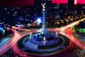 town, Lights, Road, Long exposure, Building, Statue, Roundabouts, Light trails, Mexico