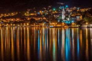 cityscape, Night, Lights, Building, Reflection, Water, Church, Trees, Montenegro, Town, Yachts