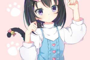 purple eyes, Anime, Anime girls, Animal ears, Nekomimi, Tail, Black hair