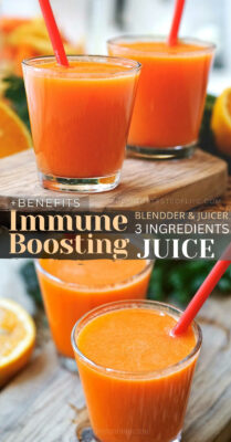 This immune booster juice is made with carrot orange and ginger and makes the perfect immunity booster drink for adults & kids. Healthy and refreshing, but ialso tasty, easy to make and with a vibrant color! It’s the best immunity juice recipe that you can make by either using a juicer or a blender. This carrot orange ginger juice is not only great for boosting immunity, but it's also excellent for skin, eyesight, and cardiovascular health. #immunity #juice #immunebooster #orange #carrot #ginger