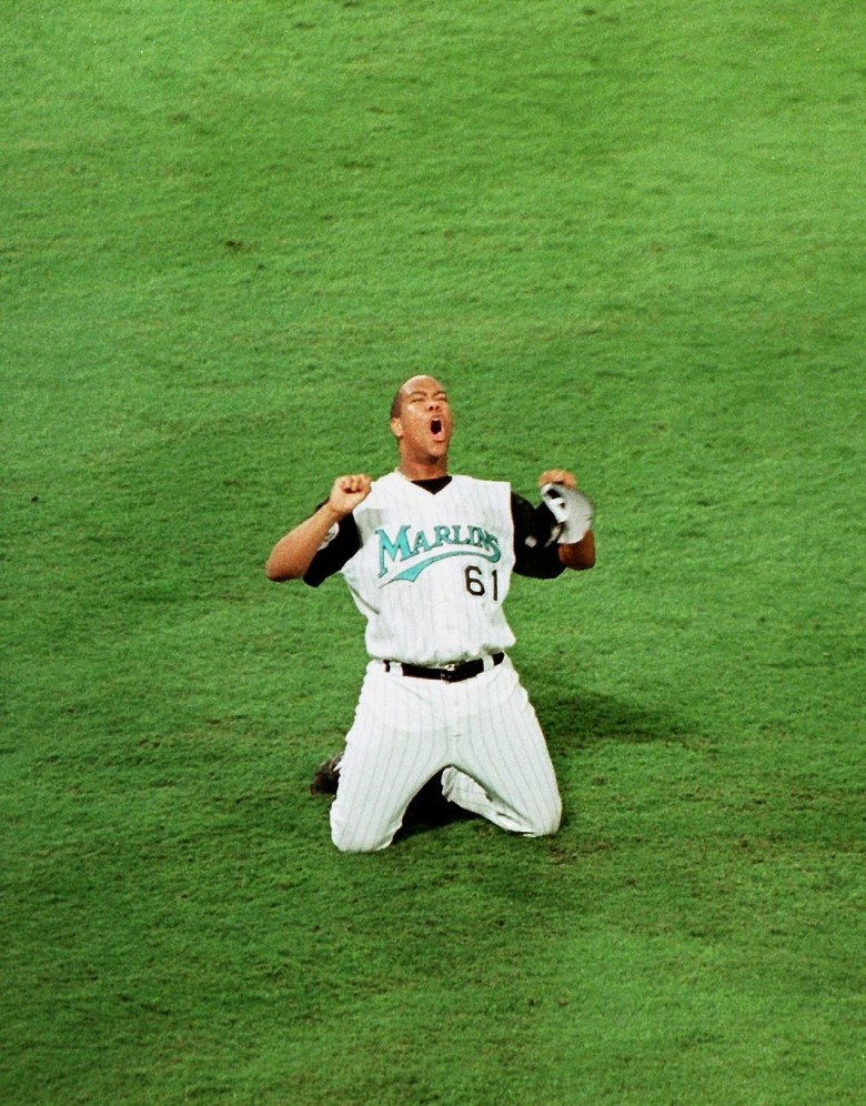 Florida Marlins pitcher Livan Hernandez celebrates