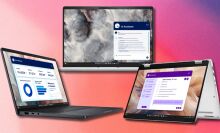 three dell pro laptops on a pink and purple gradient background