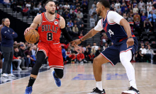 Zach LaVine #8 of the Chicago Bulls dribbles in front of Norman Powell #24 of the LA Clippers during a 112-99 Bulls win at Intuit Dome on January 20, 2025 in Inglewood, California. 