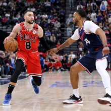 Zach LaVine #8 of the Chicago Bulls dribbles in front of Norman Powell #24 of the LA Clippers during a 112-99 Bulls win at Intuit Dome on January 20, 2025 in Inglewood, California. 