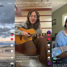 Screenshots of TikToks of three people playing acoustic guitars, covering a Mom Jeans song