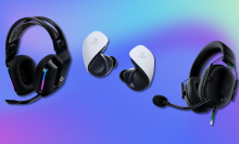 Three different styles of Playstation gaming headsets against a gradient background.