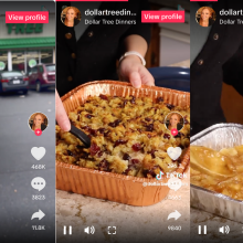 screenshots of three tiktoks showing thanksgiving food being made with dollar tree ingredients