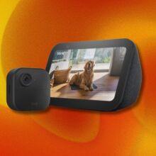 a blink outdoor 4 camera and an echo show 5 on an orange background