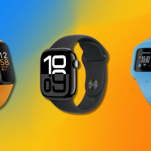 Fitbit Inspire 3, Apple Watch, Garmin vivofit jr. 3 with blue and yellow background