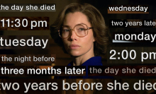 A woman (Jessica Biel as Candy Montgomery) wearing glasses and surrounded by different timestamps that read "2:00pm, three months later, two years before she died" and more.