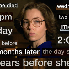 A woman (Jessica Biel as Candy Montgomery) wearing glasses and surrounded by different timestamps that read "2:00pm, three months later, two years before she died" and more.