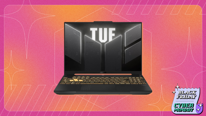 an Asus TUF Gaming F16 against a pink and orange gradient background