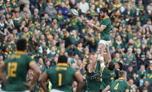 South Africa's lock Ruan Nortje  catches the ball in a line-out