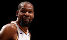 Kevin Durant #35 of the Phoenix Suns looks on against the Brooklyn Nets during their game at Barclays Center on January 22, 2025 in New York City.