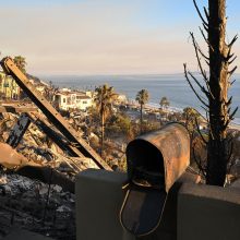 A metal mailbox sits open in front of the ruins of a home in Malibu. 