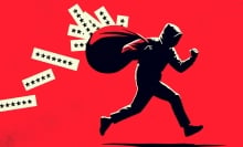 Illustration of a thief carrying a sack of their shoulder, running off with passwords.