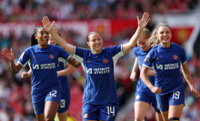 Fran Kirby of Chelsea celebrates after scoring her team's sixth goal