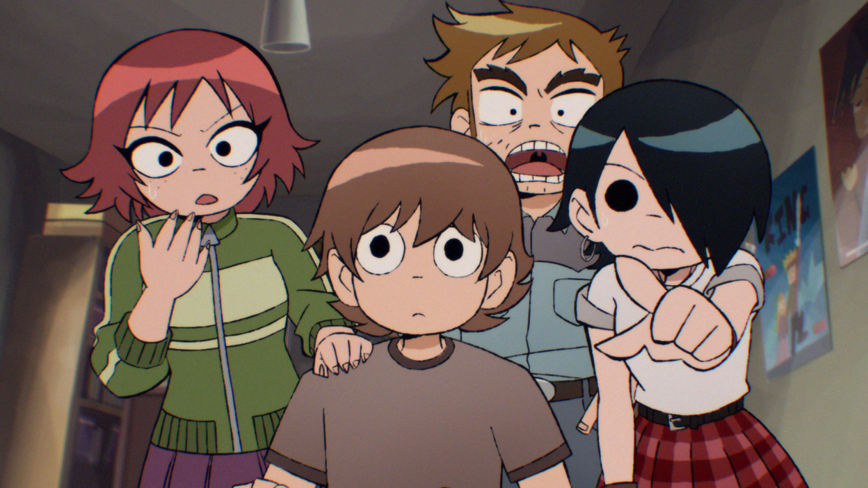 Scott Pilgrims friends look shocked in "Scott Pilgrim Takes Off."