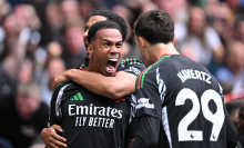 Gabriel of Arsenal celebrates scoring