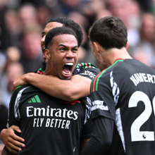 Gabriel of Arsenal celebrates scoring