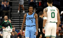 Bones Hyland #5 of the Los Angeles Clippers reacts after a basket towards Jayson Tatum #0 of the Boston Celtics during the first quarter at Intuit Dome on January 22, 2025 in Inglewood, California. 