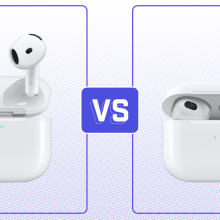 Comparison image of Apple AirPods 4 (left) vs. Apple AirPods 3 (right)