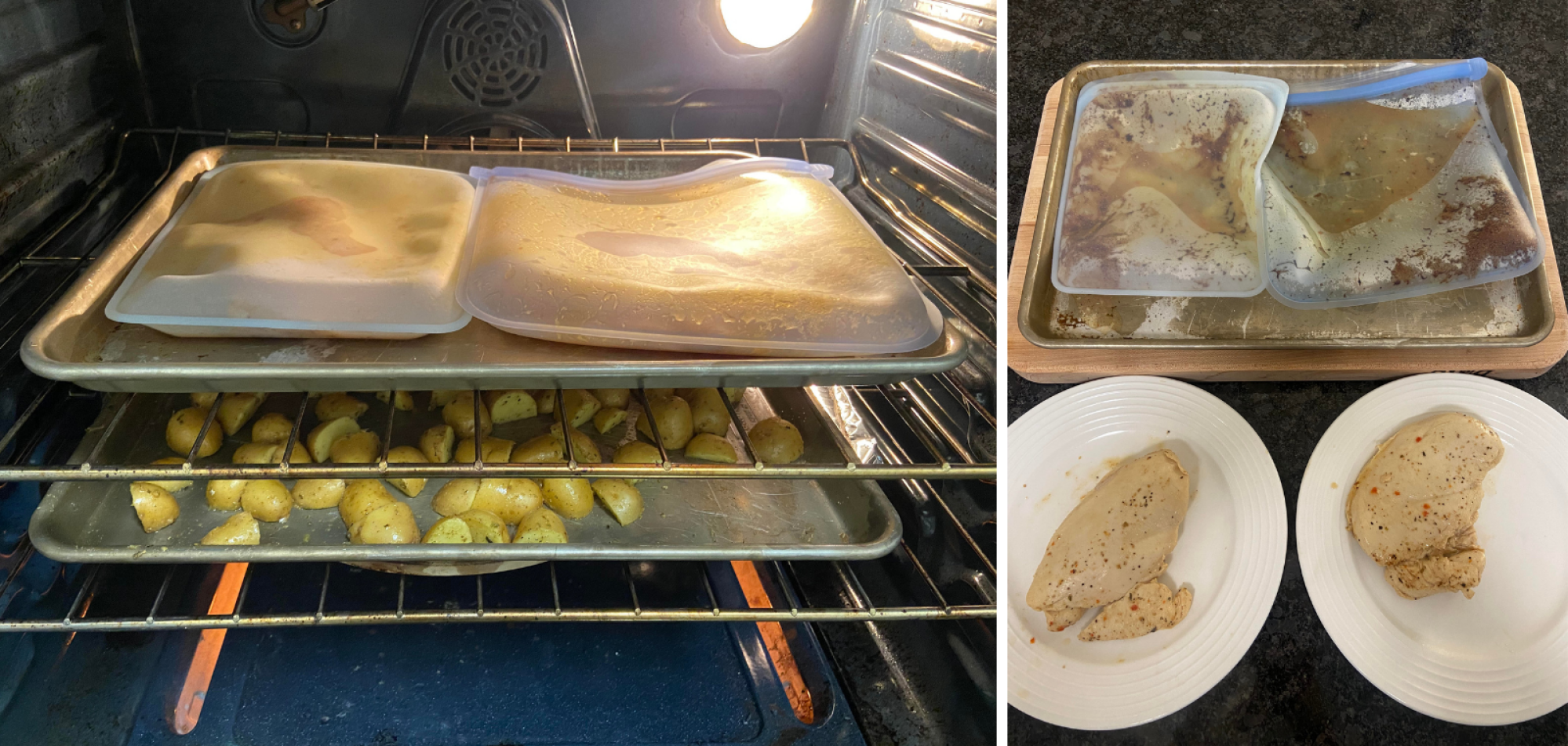 two side by side images of chicken cooked in an oven inside reusable silicone bags