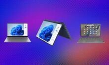 Three Lenovo laptops appear on a purple and orange background.