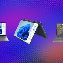 Three Lenovo laptops appear on a purple and orange background.