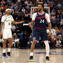 Norman Powell #24 of the Los Angeles Clippers celebrates a three-point basket during the second quarter against the Brooklyn Nets at Intuit Dome on January 15, 2025 in Inglewood, California.