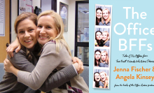 A side by side composite: The photo on the left is of two women (Jenna Fischer and Angela Kinsey) hugging on the set of "The Office," and the photo on the right is a light blue cover of their book with the title "The Office BFFs" in white text.