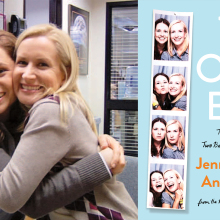 A side by side composite: The photo on the left is of two women (Jenna Fischer and Angela Kinsey) hugging on the set of "The Office," and the photo on the right is a light blue cover of their book with the title "The Office BFFs" in white text.