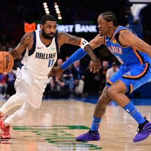 Kyrie Irving #11 of the Dallas Mavericks handles the ball in front of Jalen Williams #8 of the Oklahoma City Thunder during the second half at Paycom Center on January 23, 2025 in Oklahoma City, Oklahoma.