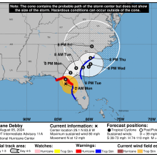 Forecast map for Hurricane Debby.