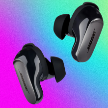 Bose QuietComfort Ultra Earbuds on a film grain purple, turquoise and green gradient background