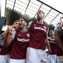 Carlos Soler and Max Kilman of West Ham United celebrate