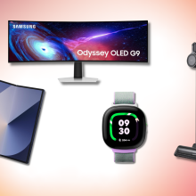 pink gradient background with collage of LG CordZero vacuum, Samsung gaming monitor, Samsung Galaxy Z Fold 6 phone, and Google Fitbit Ace