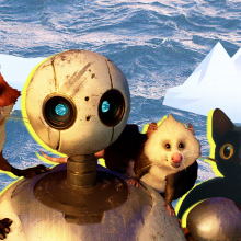 A collage of characters from "Flow" and "The Wild Robot" against a backdrop of icebergs.