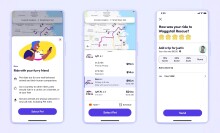 A mobile app interface displaying a pet-friendly ride option, including ride selection, pricing, and tipping options after the ride