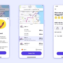 A mobile app interface displaying a pet-friendly ride option, including ride selection, pricing, and tipping options after the ride