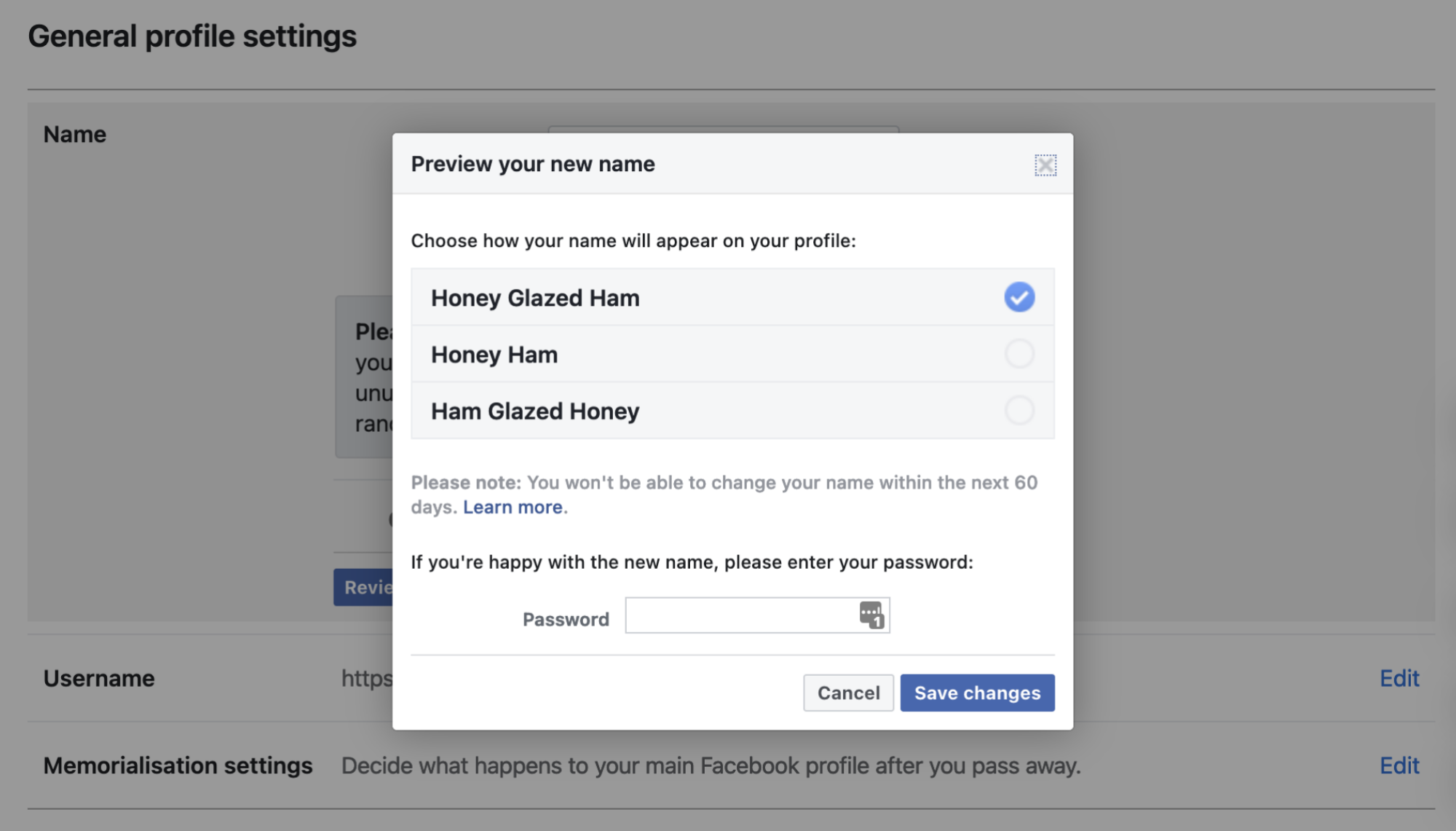 Facebook's name change option