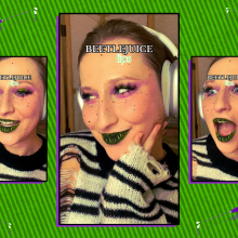 Three screenshots of Adrianna Kalisz's green and black "Beetlejuice lips" surrounded by broken injectables. 