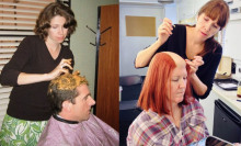 Two photos, one of Kim M. Ferry putting peanut butter on Steve Carell's hair and the other of her touching up Kate Flannery's "bald" prosthetics on set of "The Office."