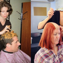 Two photos, one of Kim M. Ferry putting peanut butter on Steve Carell's hair and the other of her touching up Kate Flannery's "bald" prosthetics on set of "The Office."