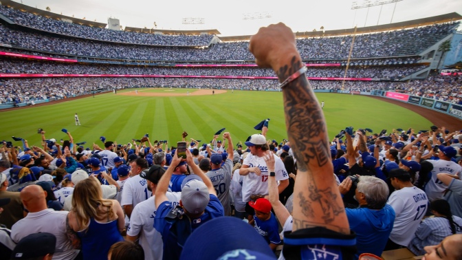 Fans watch Game 2 of the World Series at Los Angeles's Dodger Stadium.