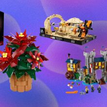 Three Lego sets appear on a swirly purple and blue background: a Lego Poinsettia, Lego Creator castle, and Lego Star Wars pod-racer.