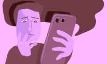 A worried man looking at his smartphone, in cartoon form.